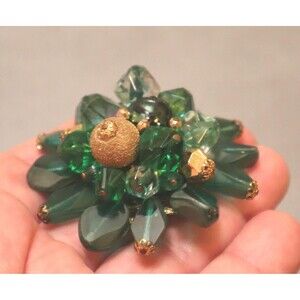 Vintage West Germany Green Brooch Fancy Beads Stamped Filigree